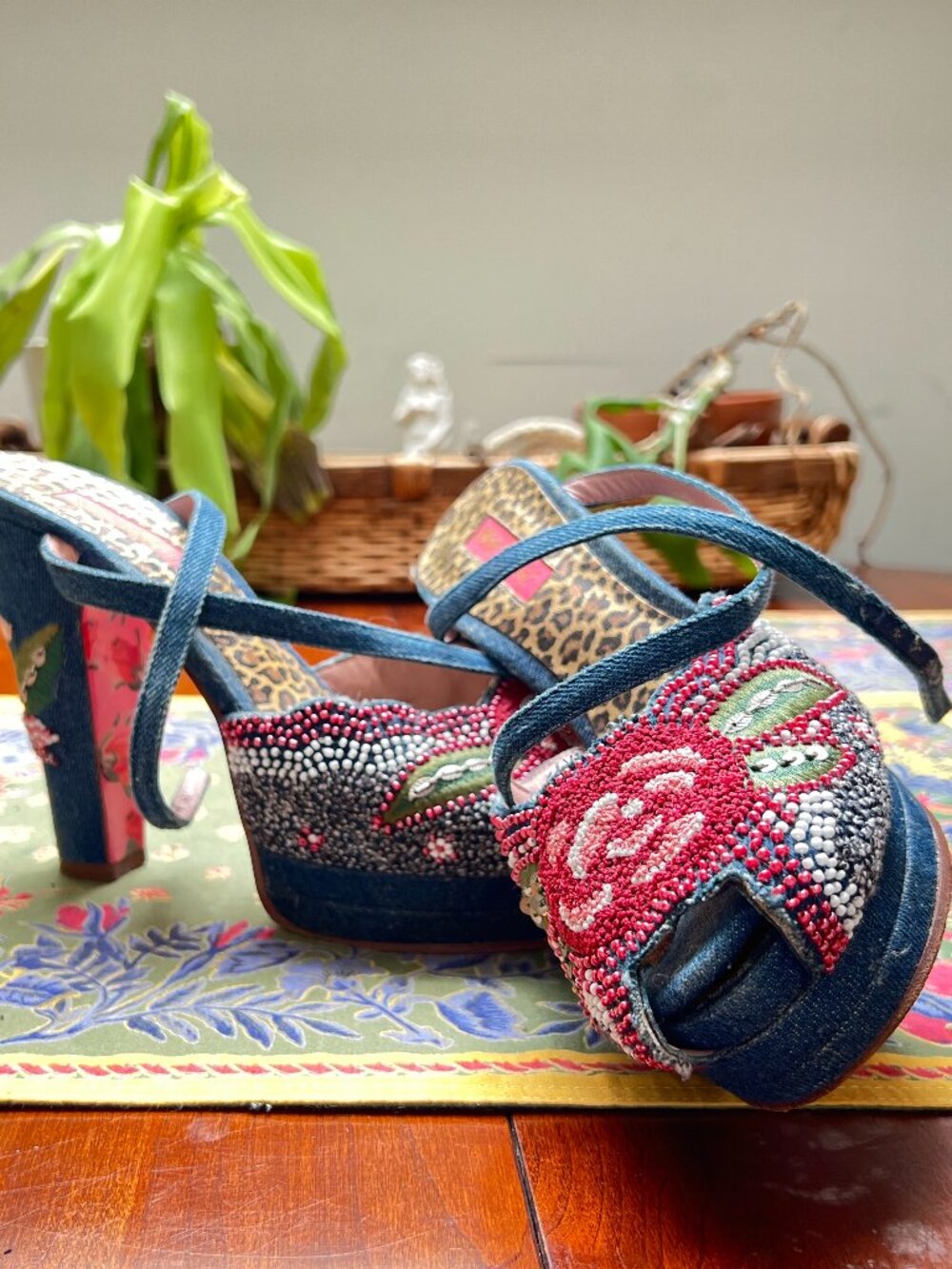 Vintage Betsey Johnson Denim Beaded Platform Heels Y2K Floral